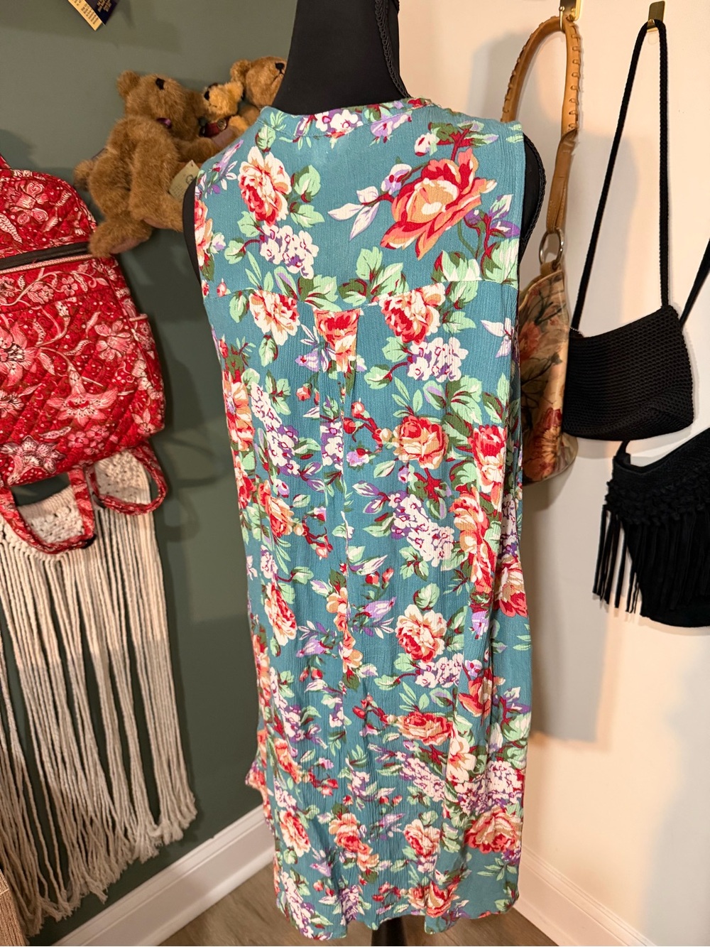 SOLD Aqua Floral Keyhole Sleeveless Dress Size Small Boho - Picture 5 of 5